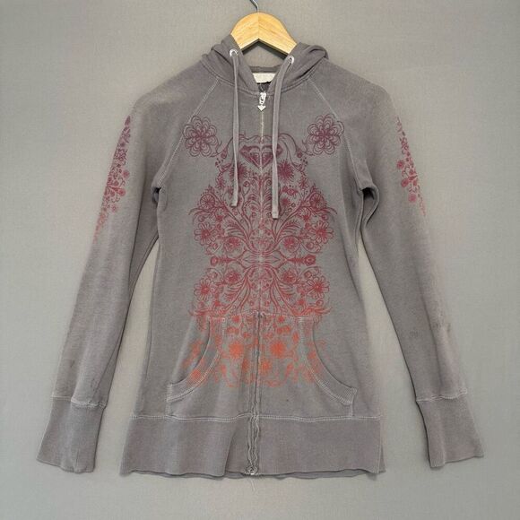 2000s Roxy Women’s Grey Zip Up Hoodie Colorful Graphic Size Small Heart Logo - Picture 1 of 13